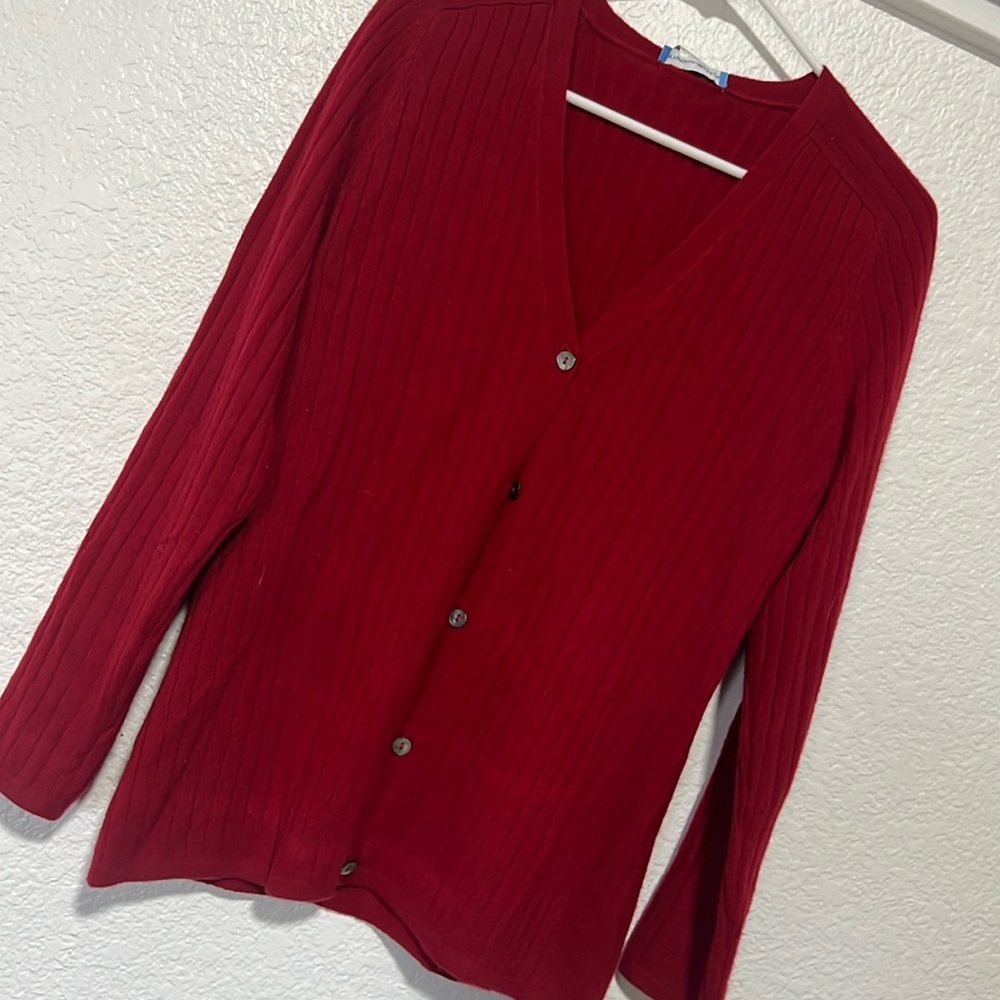 White + Waren cherry red ribbed cashmere cardigan